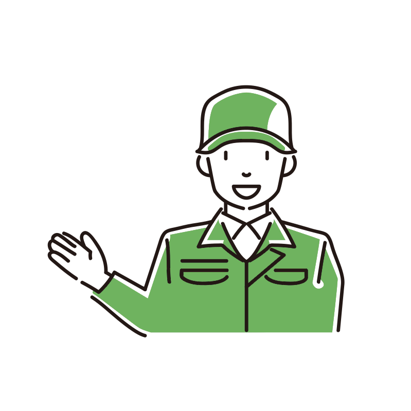 案内する作業着の男性